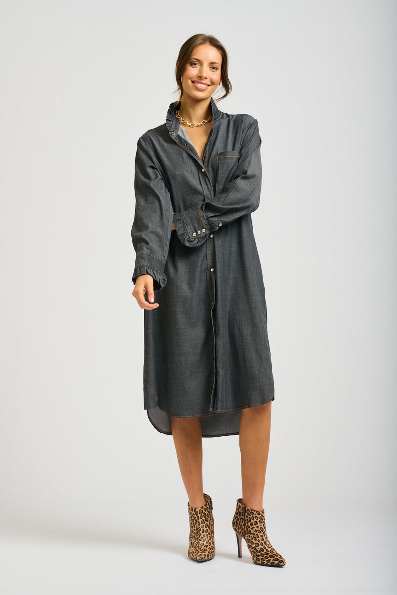 Shirty Olivia Frill Collar Shirt Dress in Charcoal Denim