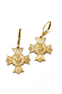 Lizou Bronze Cross and Heart French Religious Charm Earrings