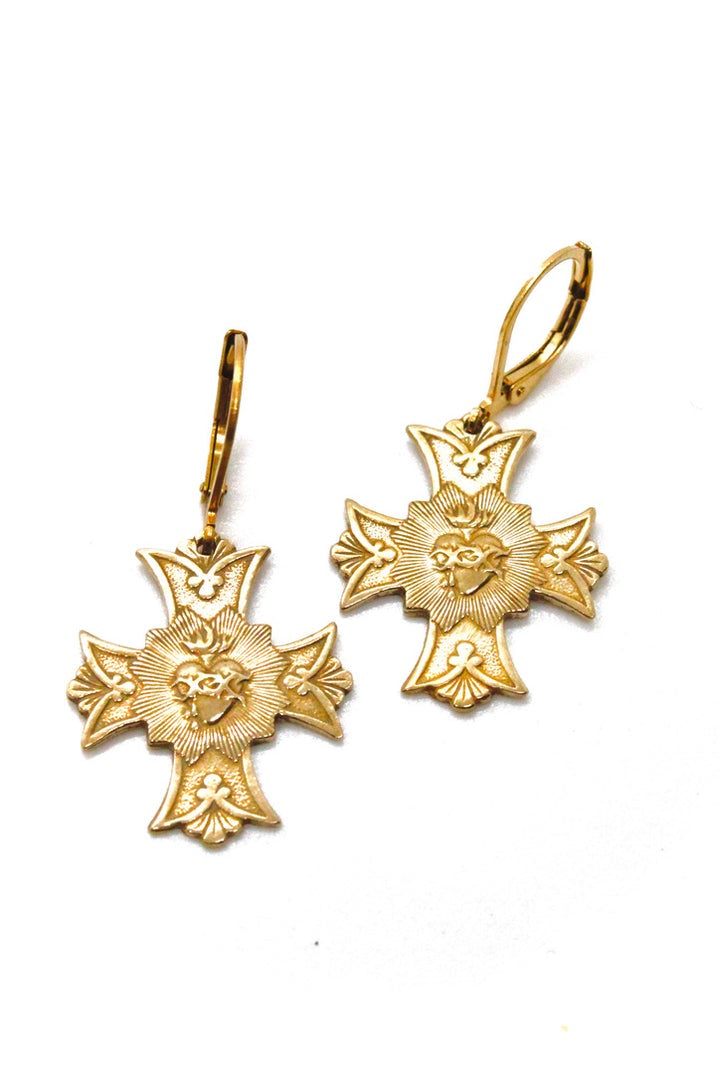 Lizou Bronze Cross and Heart French Religious Charm Earrings