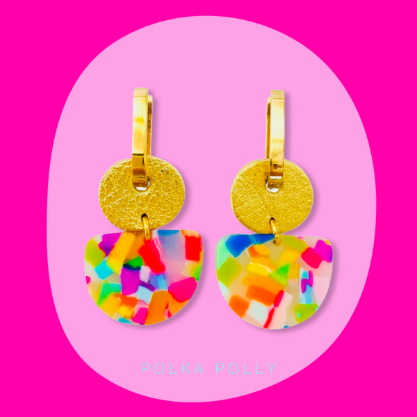 Polka Polly Dainty Hoops — Gold Rainbow Confetti