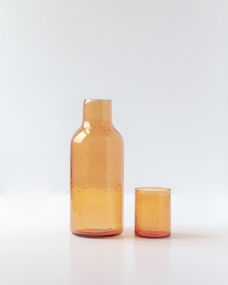 Handblown Hammered Glass Carafe and Cup in Amber