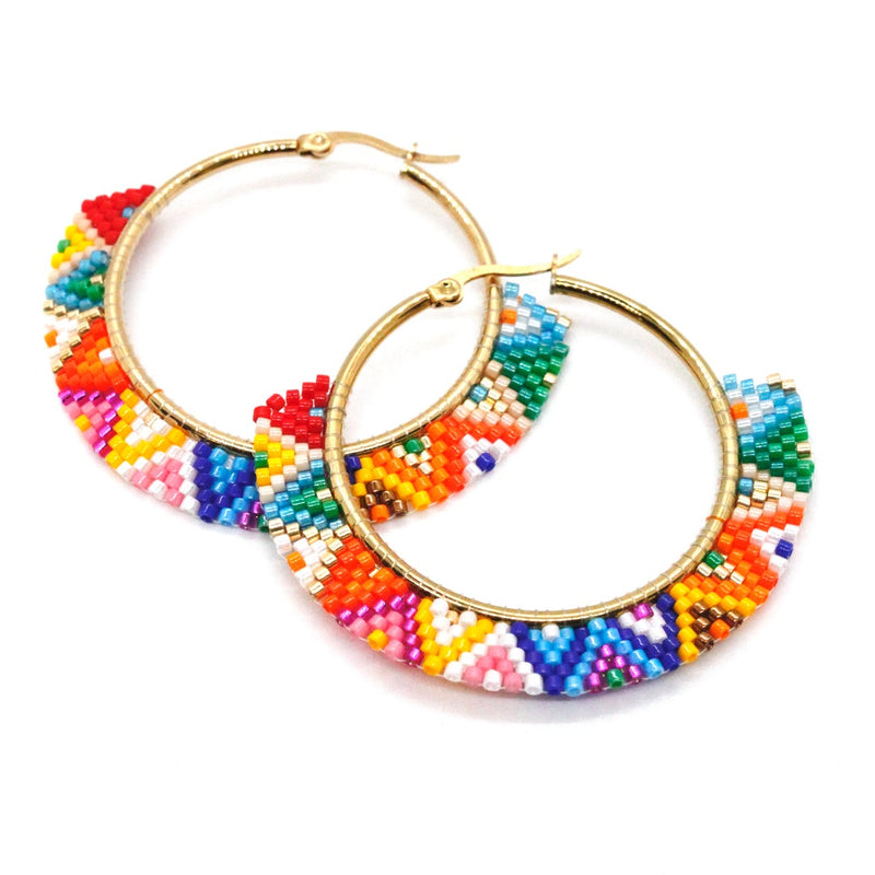 Lizou Beaded Hoop Earrings in Rainbow Geometric