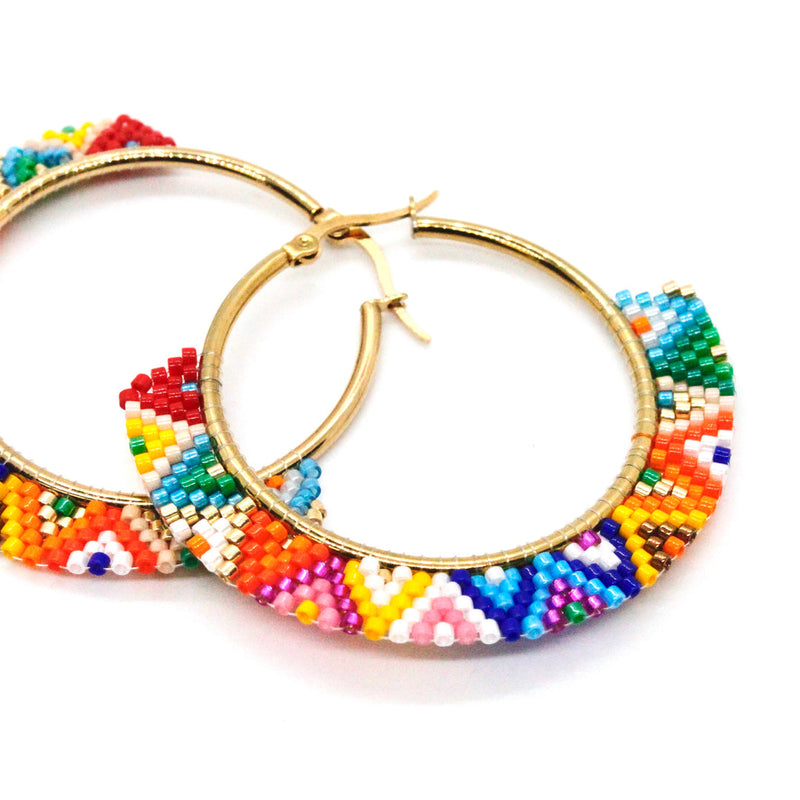 Lizou Beaded Hoop Earrings in Rainbow Geometric