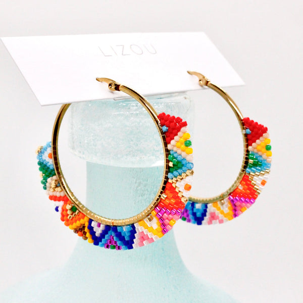 Lizou Beaded Hoop Earrings in Rainbow Geometric