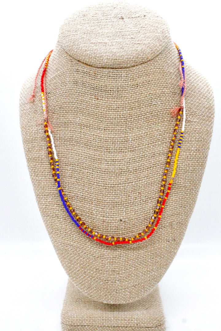 Lizou Double Strand Colourful Thread and Seed Bead Necklace in Red