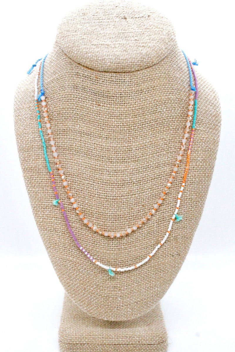 Lizou Double Strand Colourful Thread and Seed Bead Necklace in Turquoise