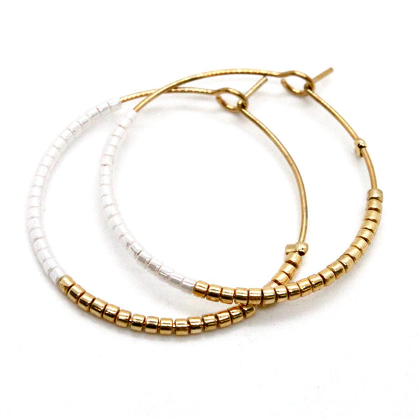 Lizou Half and Half Plain Seed Bead Hoop Earrings in White