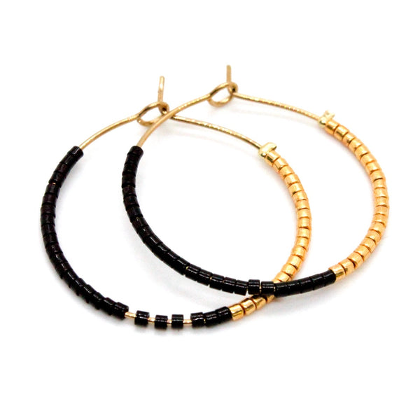 Lizou Half and Half Plain Seed Bead Hoop Earrings in Black