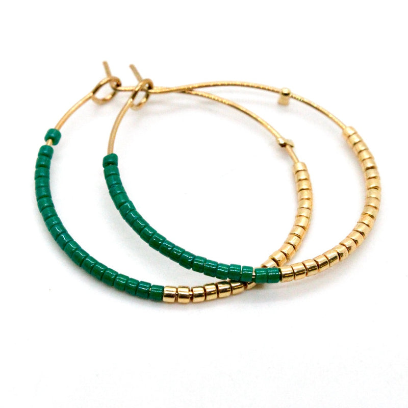 Lizou Half and Half Plain Seed Bead Hoop Earrings in Green