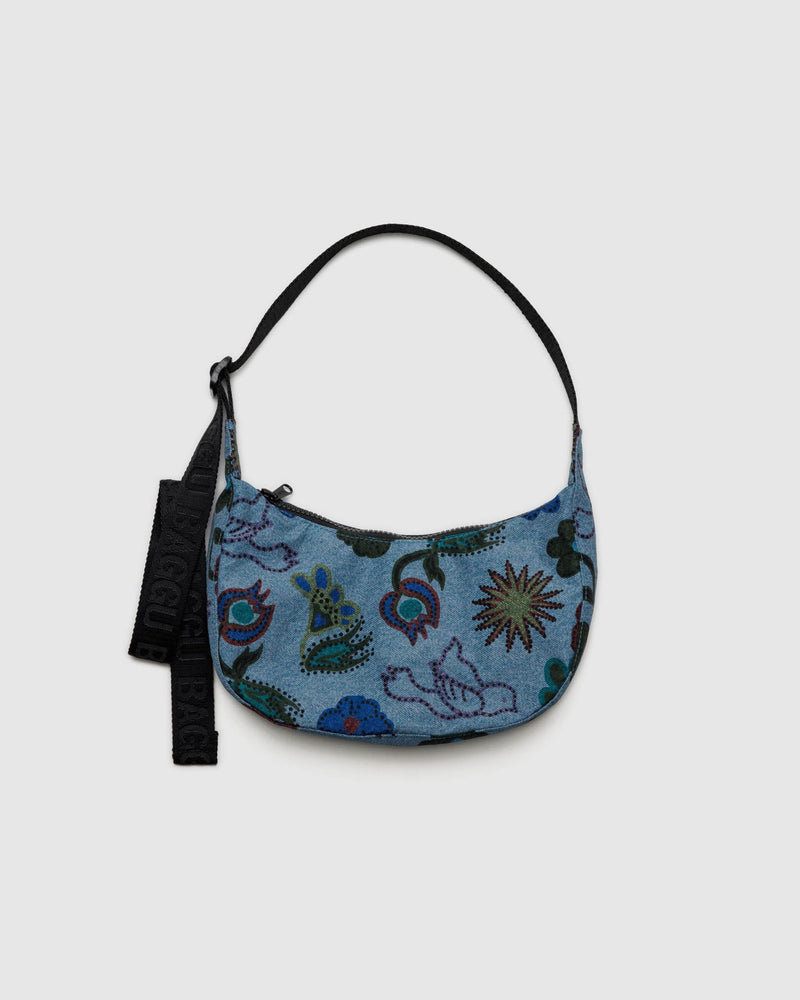 Baggu Small Nylon Crescent Bag in Digital Denim Birds