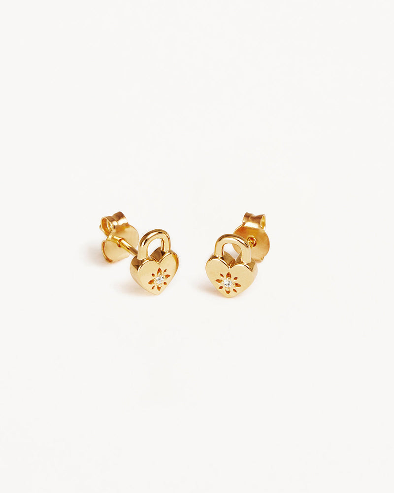 by charlotte 18k Gold Vermeil Crystal Lotus Heart Padlock Stud Earrings