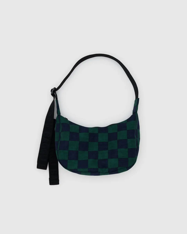 Baggu Small Nylon Crescent Bag in Navy Green Check