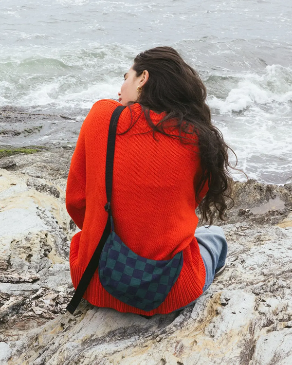 Baggu Small Nylon Crescent Bag in Navy Green Check