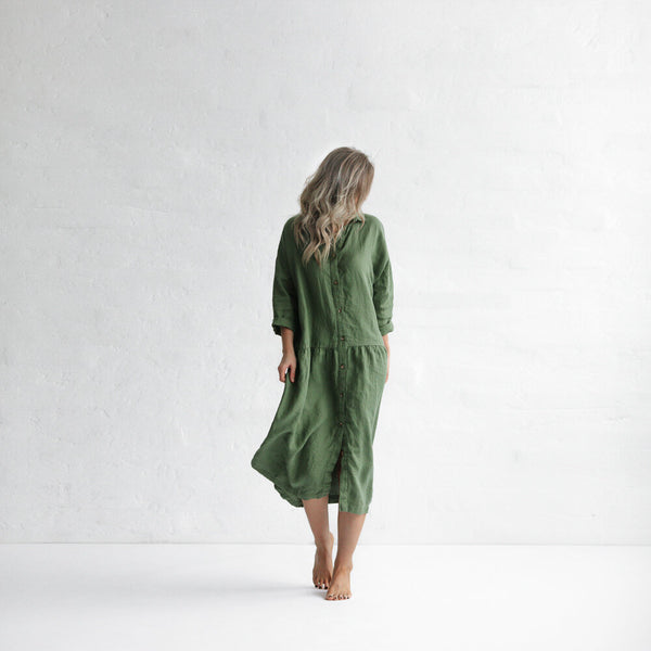 Seaside Tones Linen Oversized Dress in Olive