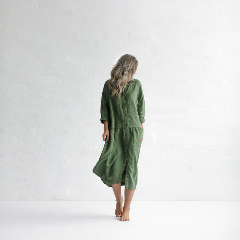 Seaside Tones Linen Oversized Dress in Olive Quirk Collective Seaside Tones Linen Oversized Dress in Olive Quirk Collective