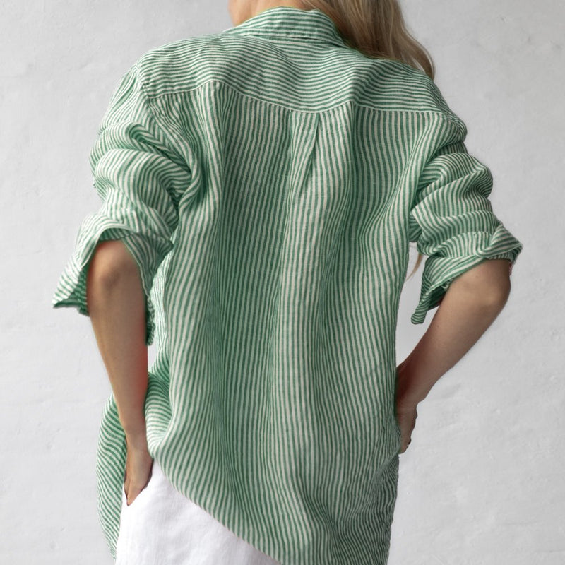 Seaside Tones Linen Striped Shirt in Green