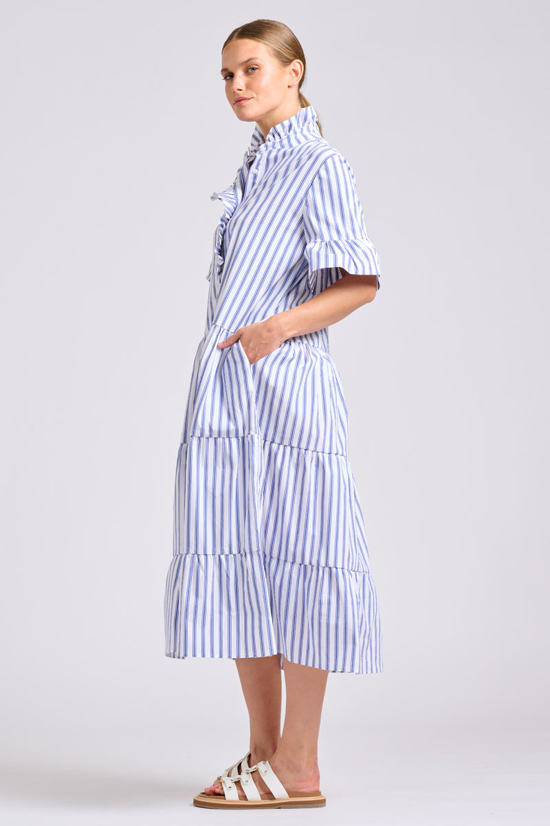 Shirty The Molly Oversized Shirt Dress in White with Azure Ticking