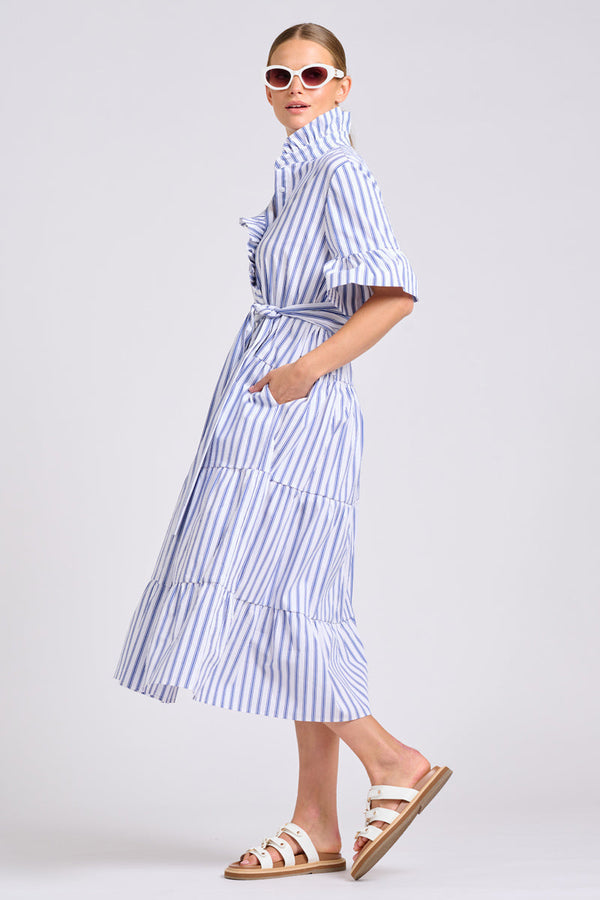 Shirty The Molly Oversized Shirt Dress in White with Azure Ticking