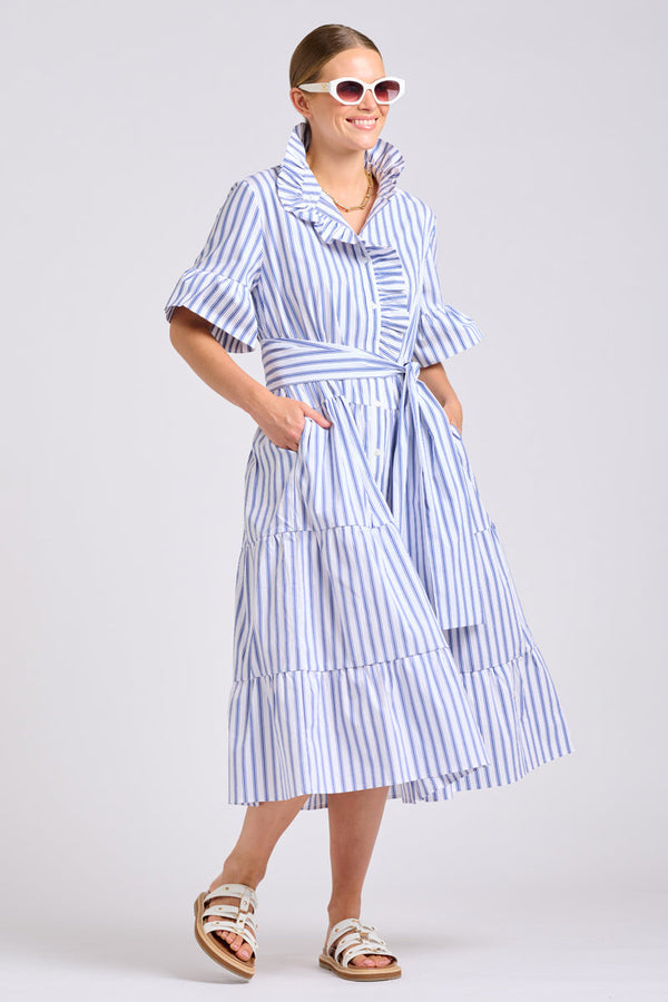Shirty The Molly Oversized Shirt Dress in White with Azure Ticking