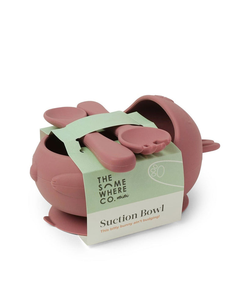 The Somewhere Co Bunny Silicon Suction Bowl with Cutlery in Raspberry